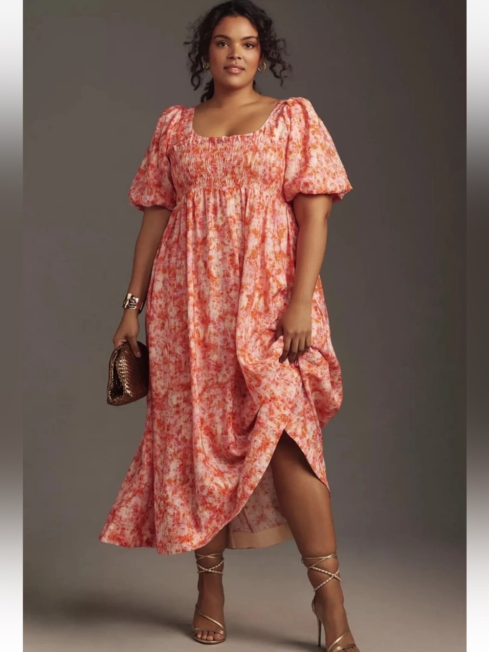 NEW Anthropologie Women size L Smocked Babydoll Printed Midi Dress Orange
